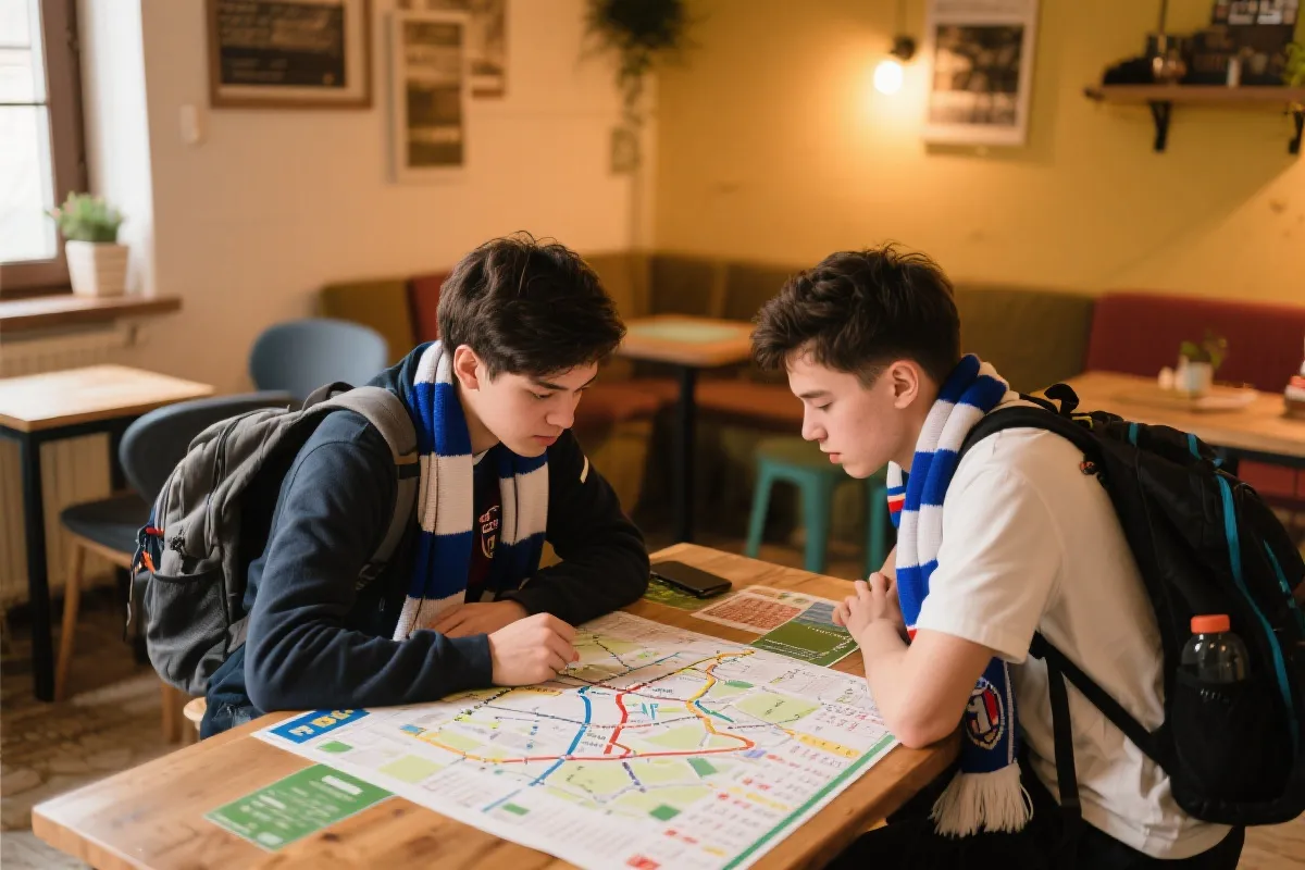 青年旅舍公共区域：地图、地铁线路与球迷行程讨论的温暖氛围